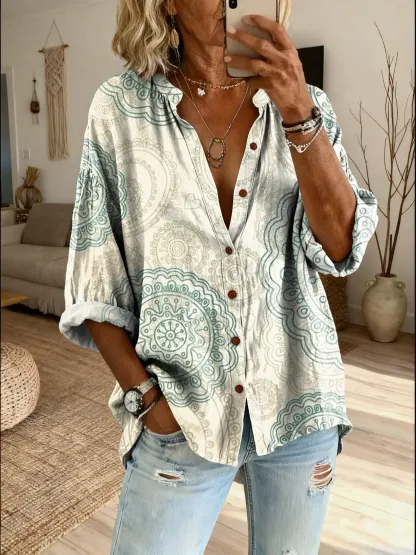 Women's Bohemian Pattern Art Print Casual Cotton Linen Shirt
