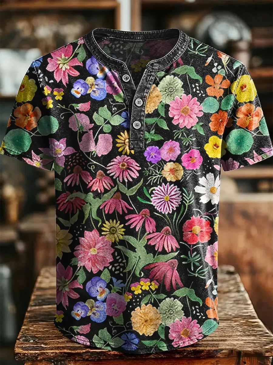 Retro Multicolor Floral Print Henley Cotton Short Sleeved T-shirt