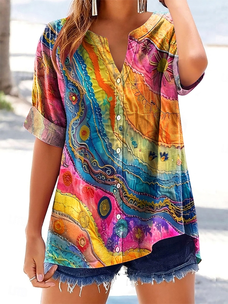 Women's Colorful Wave Texture Art Print Casual Short Sleeve Cotton and