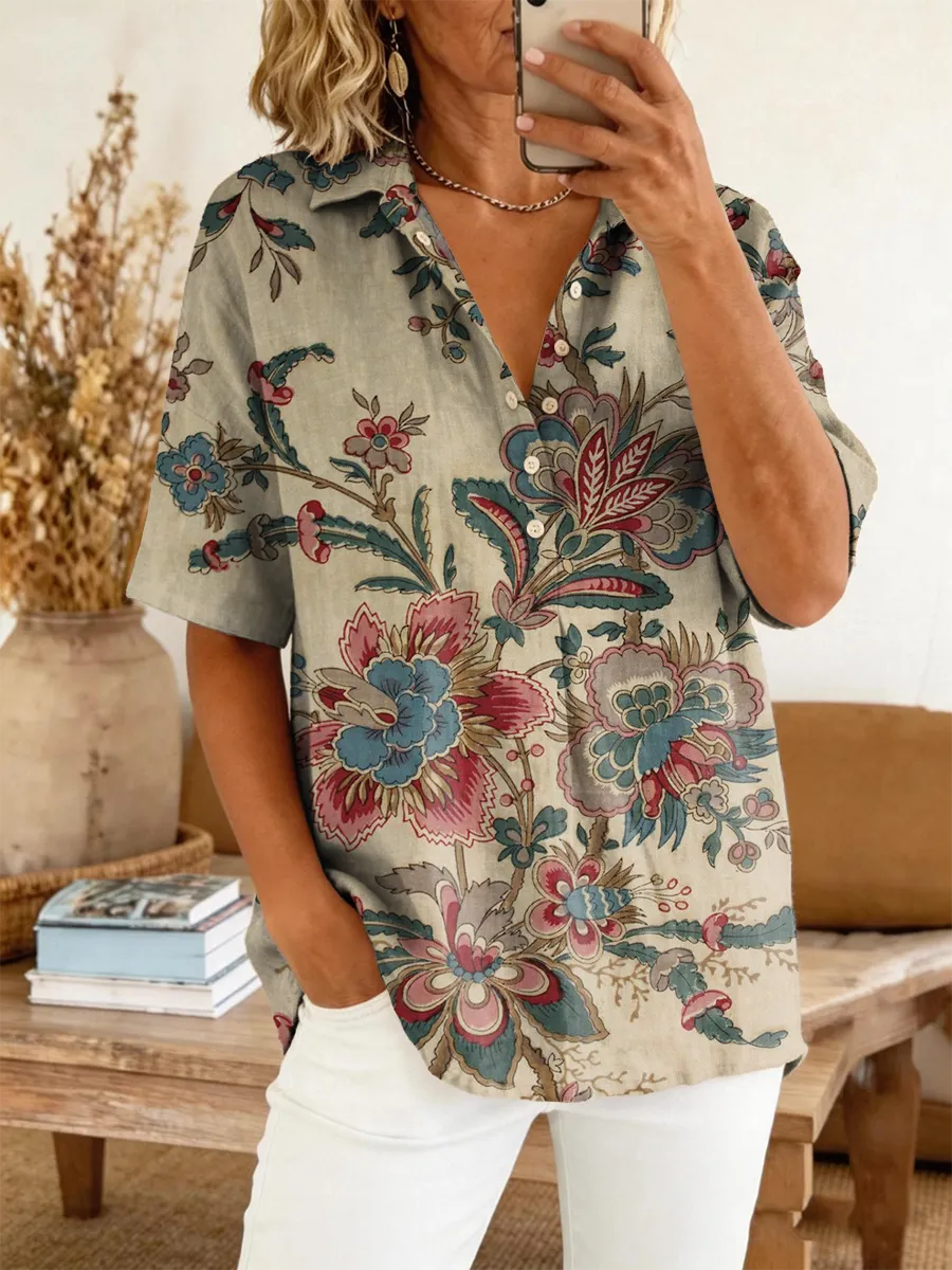 Women's Retro Ethnic Floral Art Print Casual Short-sleeve Cotton Linen Shirt