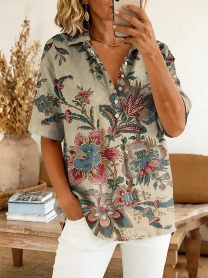 Women's Retro Ethnic Floral Art Print Casual Short-sleeve Cotton Linen Shirt