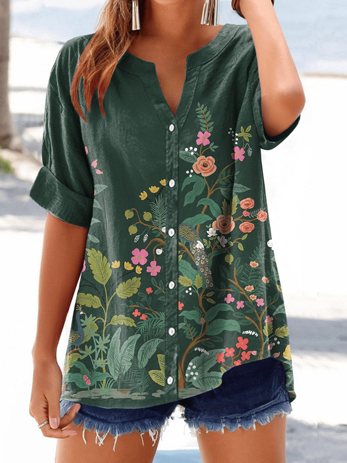 Women's Forest Floral Print Button Design V-Neck Casual Shirt
