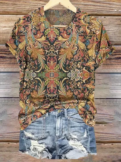 Women's Flowers Art Print Casual Cotton And Linen Shirt