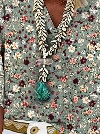 Women's Three Quarter Sleeve Blouse Spring/Fall Green Floral Printing V Neck Daily Going Out Casual Top