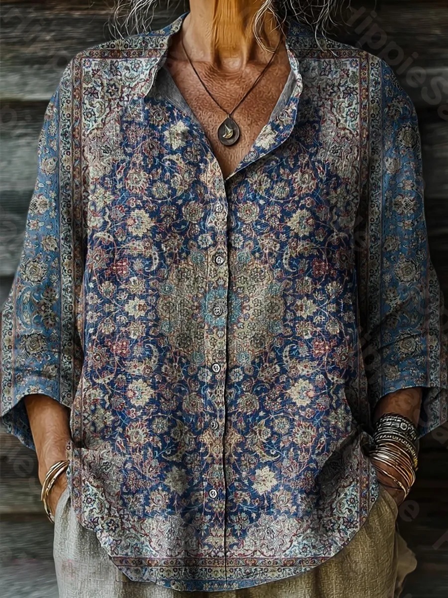 Women's Ethnic Floral Pattern Art Print Casual Cotton Linen Shirt