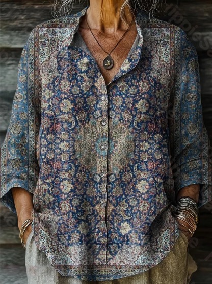 Women's Ethnic Floral Pattern Art Print Casual Cotton Linen Shirt