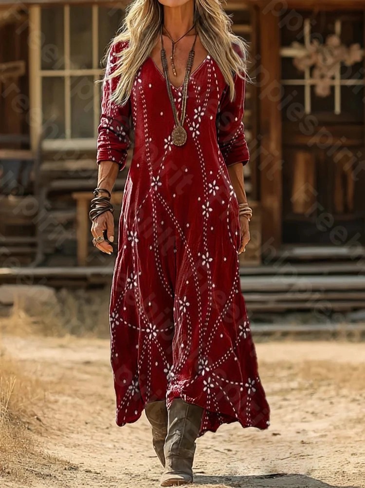 Women's Vintage Ethnic Blue Floral Totem Art Print Pocket Cotton V-Neck Long-Sleeve Dress