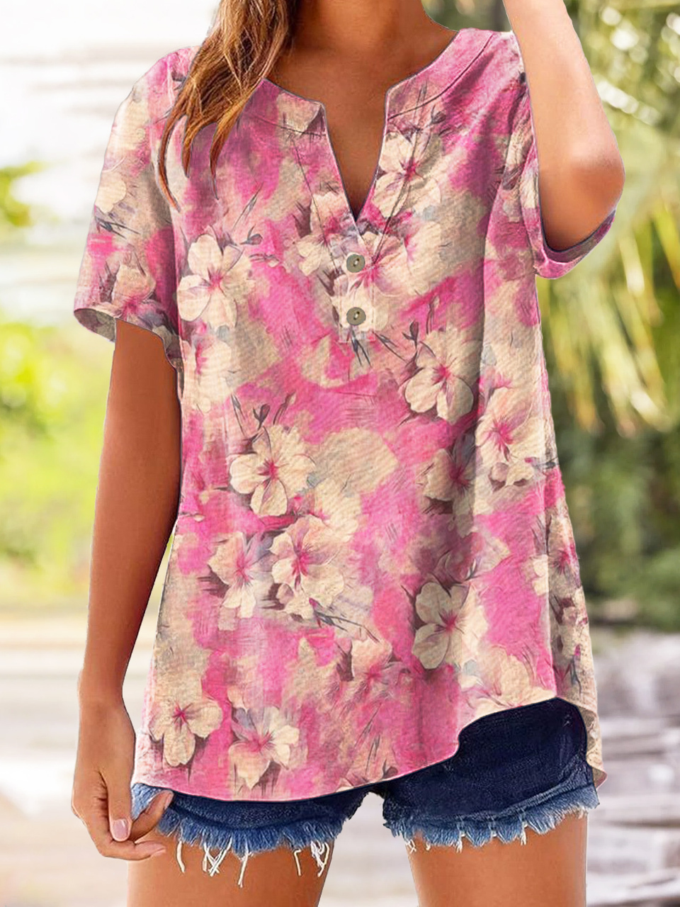 Women's Floral Art Print Casual Short Sleeve Cotton and Linen Shirt