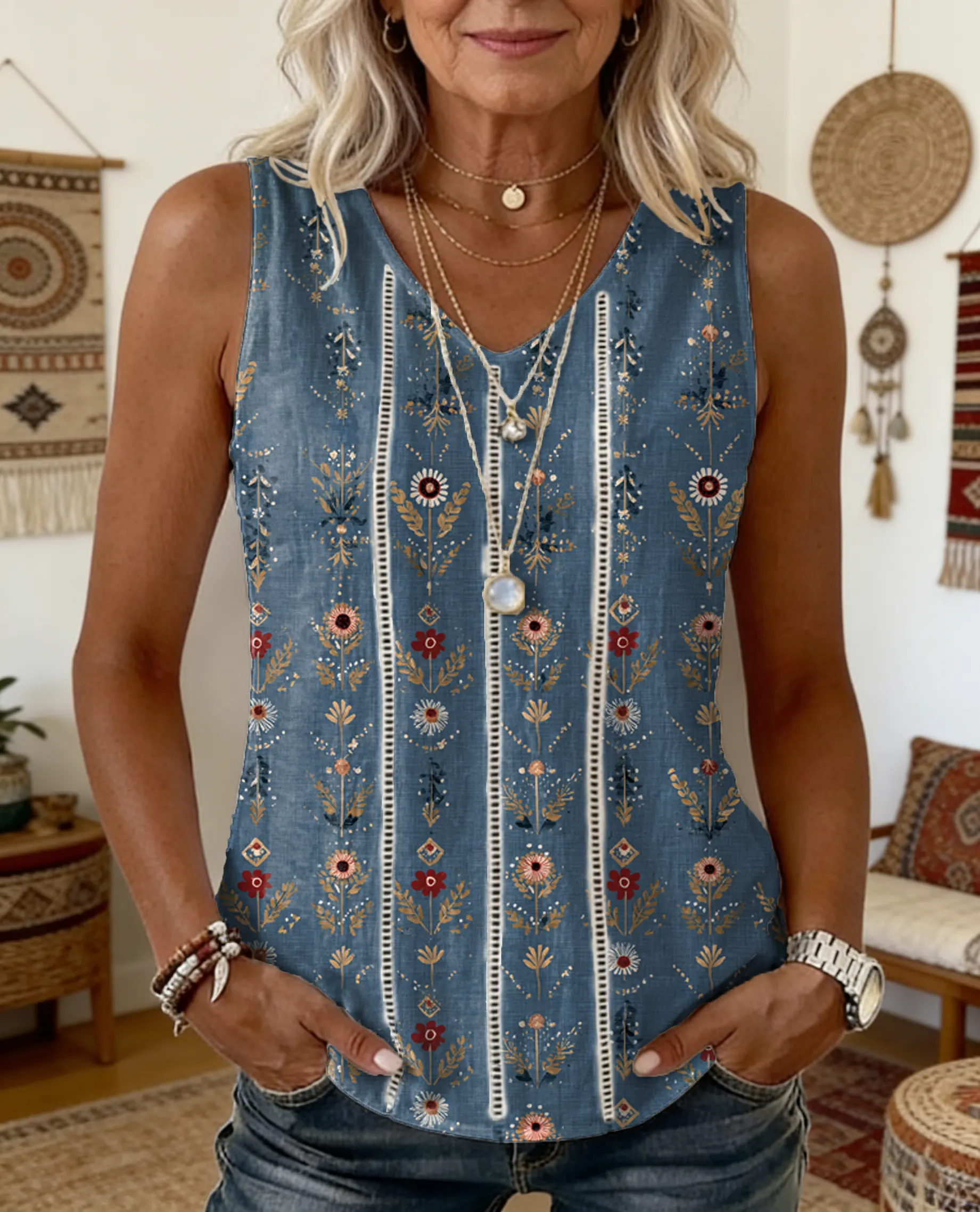 Women's Vintage Ethnic Floral Print Artistic Openwork Cotton-linen V-neck Sleeveless Top