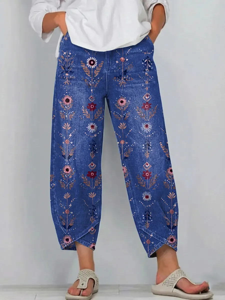 Women's Vintage Floral Art Print Jeans