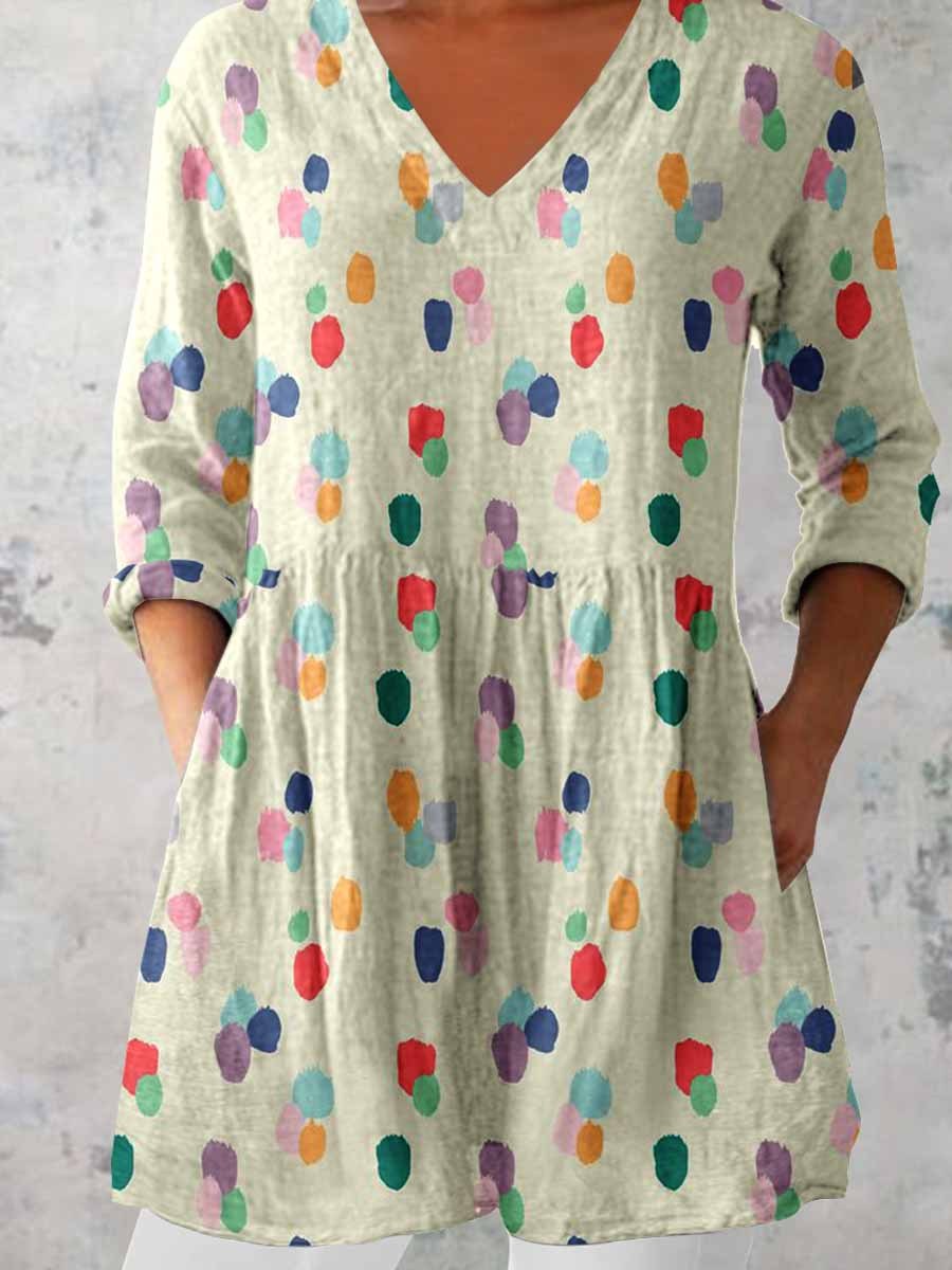 Women's Elegant Polka Dot Round Neck Cotton and Linen Top