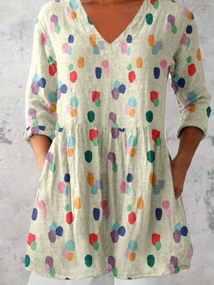 Women's Elegant Polka Dot Round Neck Cotton and Linen Top