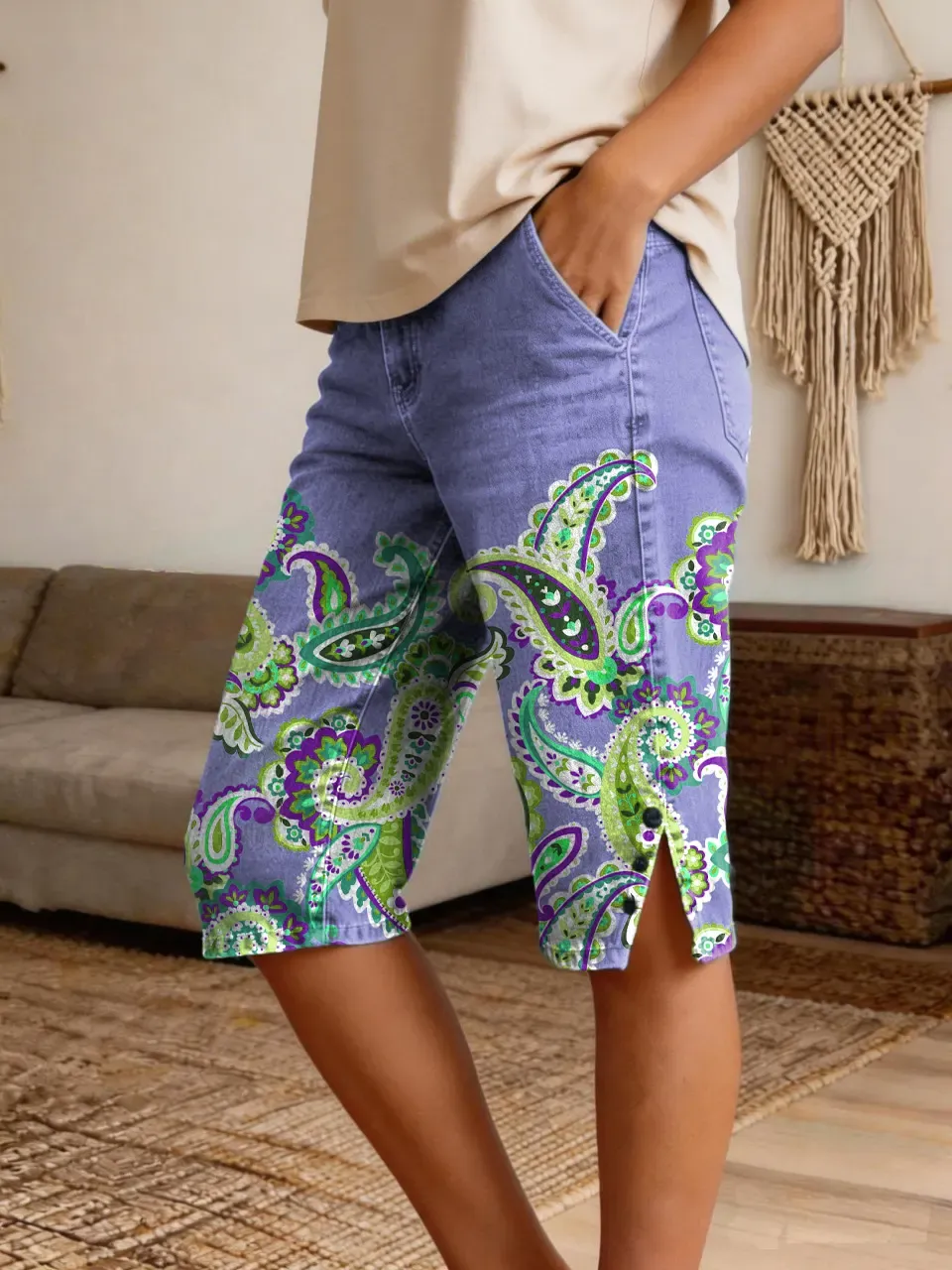 Women's Paisley Floral Art Print Casual Fashion Denim Shorts