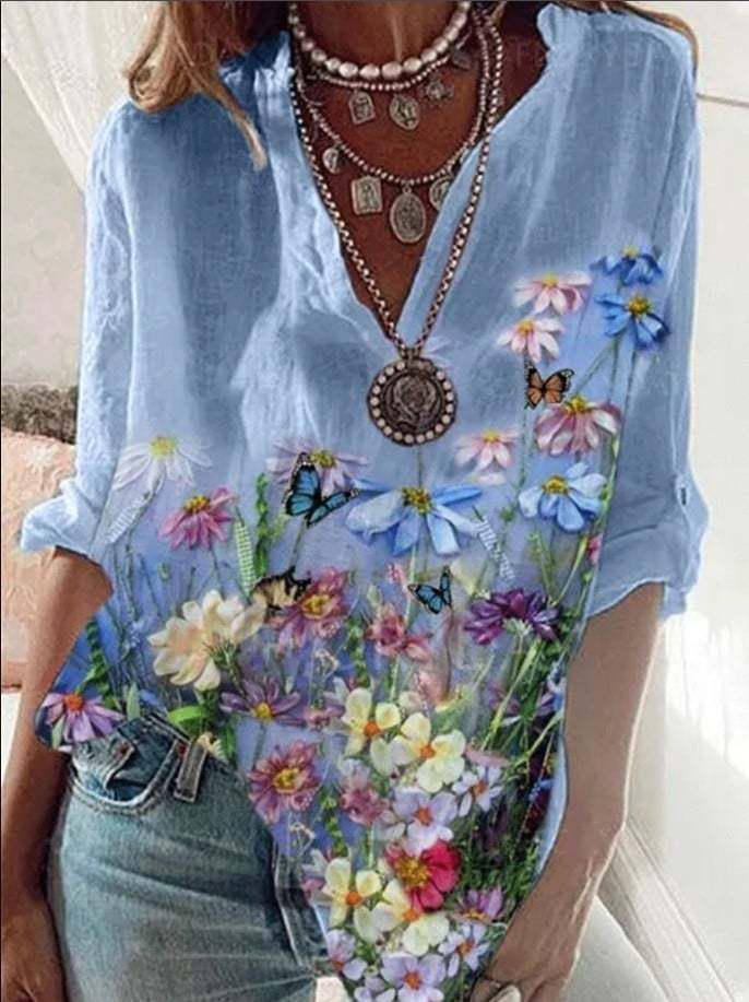 Women's Cotton Linen Oil Painting Print Loose V-Neck Long Sleeve Shirt