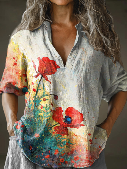 Women's Poppy Flower Art Pattern Print Long Sleeve Comfortable Cotton And Linen Shirt