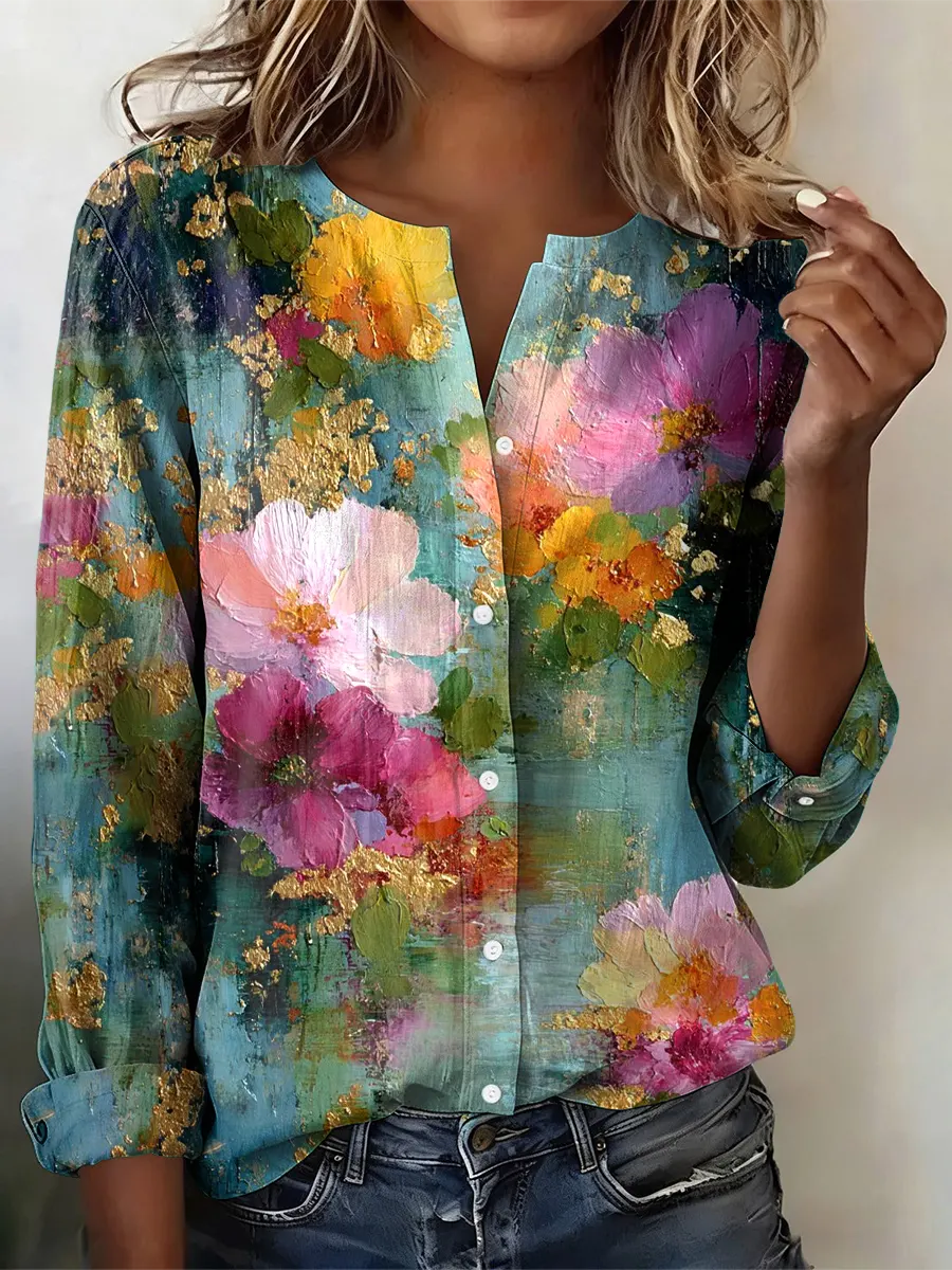 Women's Casual Fashion Retro Multicolor Floral Print Cotton Shirt