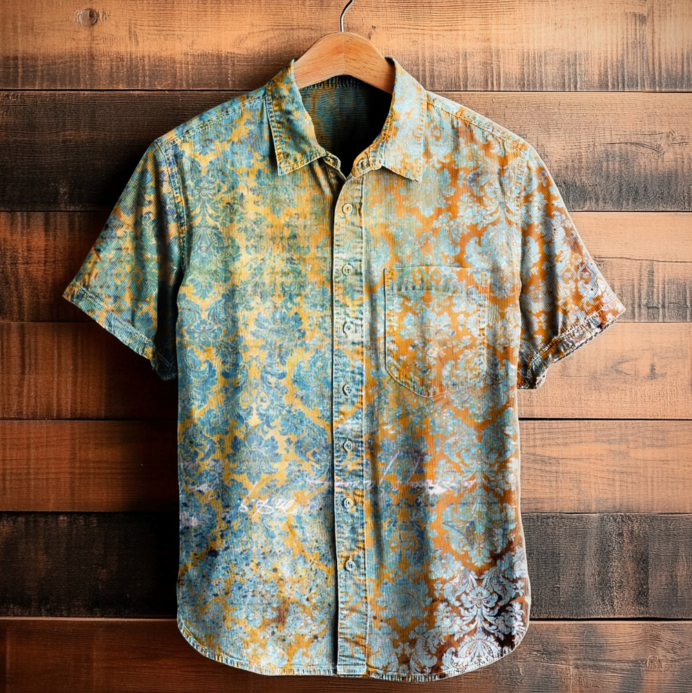 Unisex Art Painting Ethnic Retro Gradient Print Lapel Short Sleeve Shi