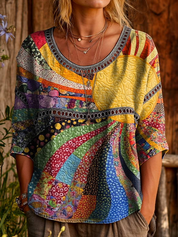 Womens Vintage Ethnic Collage Sun Art Print Casual Round Neck Hollow Top