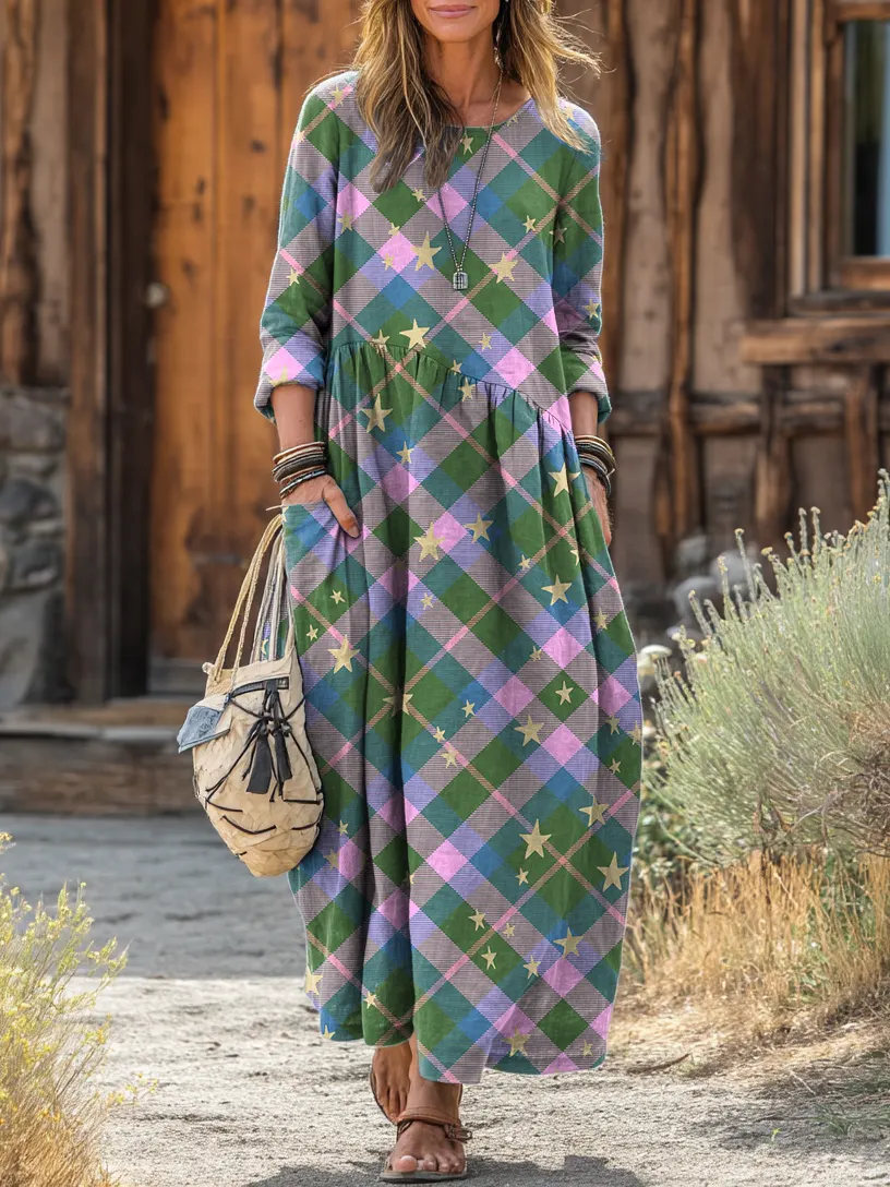 Women's Star-patterned Art Print Round-neck Long-sleeve Pocket Cotton Dress