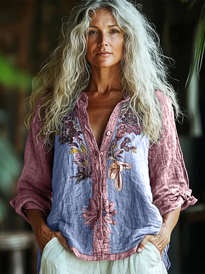 Bohemian Style Linen Floral Art Print  Long Sleeve Shirt