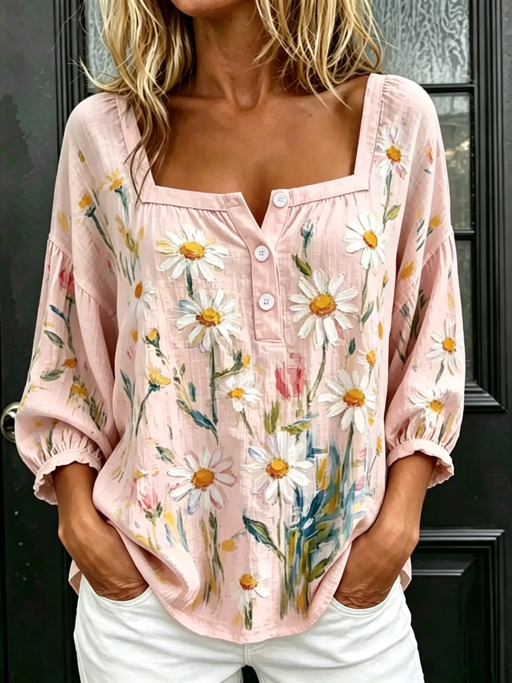 Women's Watercolor Daisy Floral Print Puff 3/4 Sleeve Blouse
