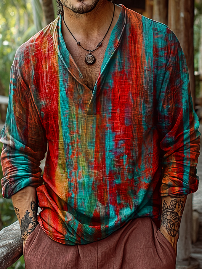 Men's Vintage Red And Blue Color Clash Abstract Patterns Art Prints Casual V-neck Linen Shirt