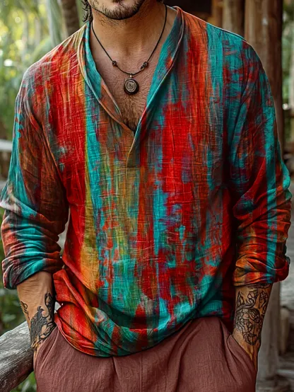 Men's Vintage Red And Blue Color Clash Abstract Patterns Art Prints Casual V-neck Linen Shirt