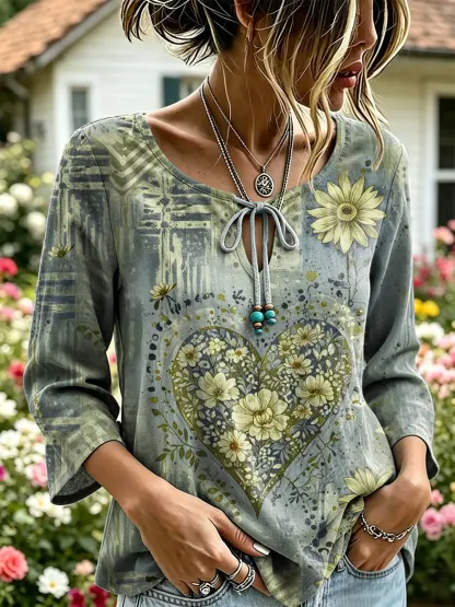 Women's Vintage Heart Floral Print Tie-Neck 3/4 Sleeve Top