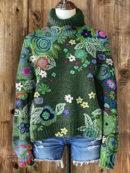 Vintage Rose Floral Print Knit Turtleneck Pullover Sweater