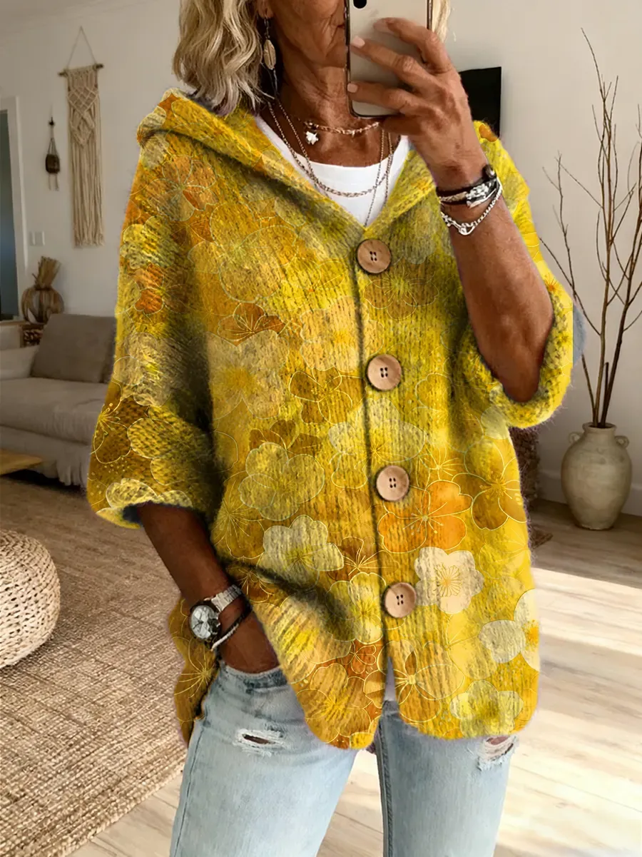 Ethnicity Colorful Flowers Women's Art Print Casual Hooded Cardigan Sweater