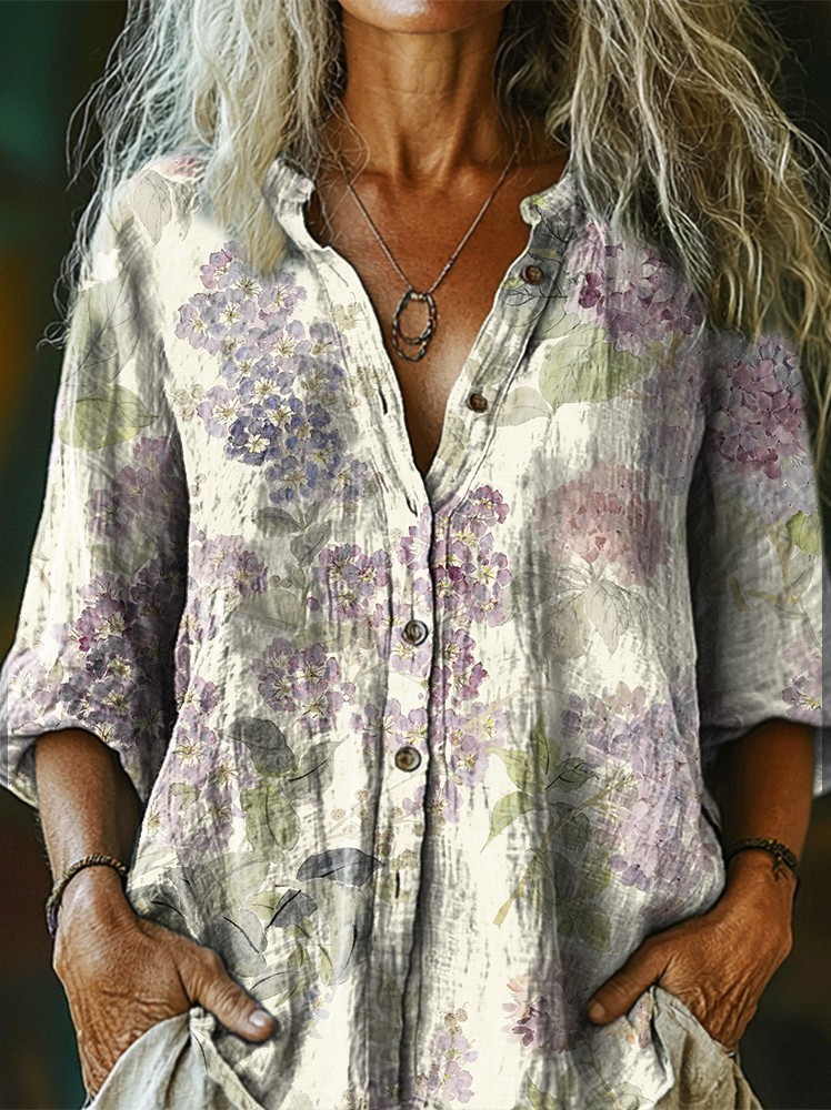 Natural floral patterns Women's Art Print Casual Cotton Linen Shirt