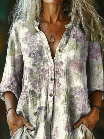 Natural floral patterns Women's Art Print Casual Cotton Linen Shirt