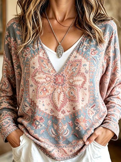 Women's Retro Ethnic Totem Casual Long-sleeved Patchwork V-neck Shirt