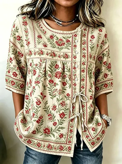 Women'S Cotton And Linen Casual Striped Print Top