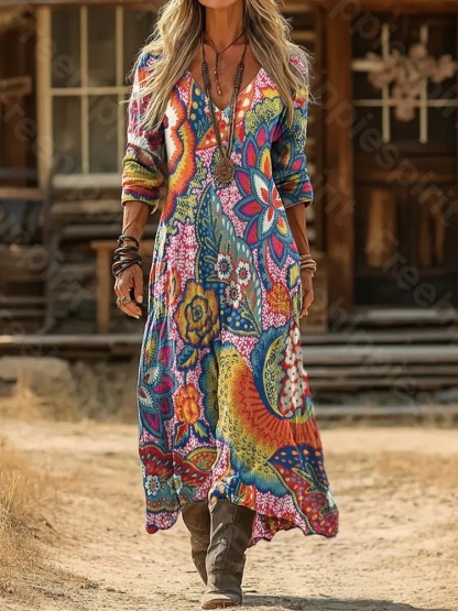 Women's Colorful Floral Art Print Pocket Cotton Dress