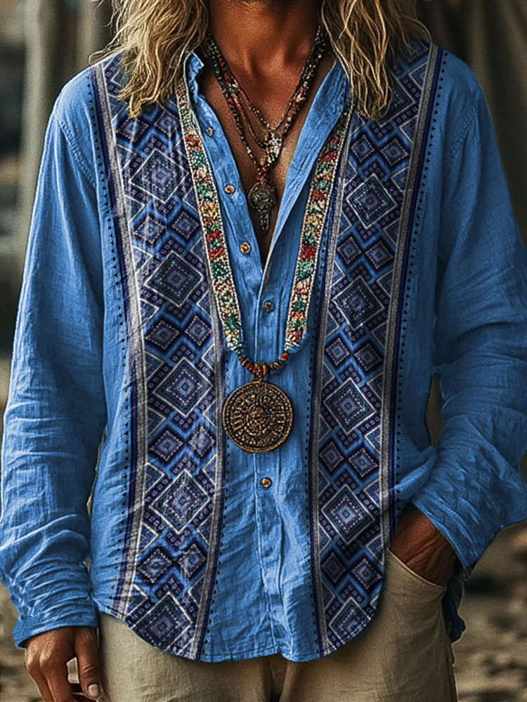 Blue Ethnic style geometry Pattern Vintage Stripe Print 100% Cotton Lo