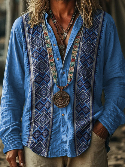 Blue Ethnic style geometry Pattern Vintage Stripe Print 100% Cotton Long Sleeve Shirt
