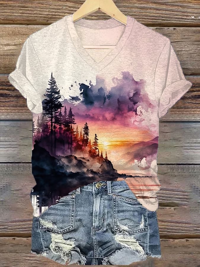 Women's National Park Protection Landscape Forest Sunset Watercolor Ink Print Short Sleeve T-shirt