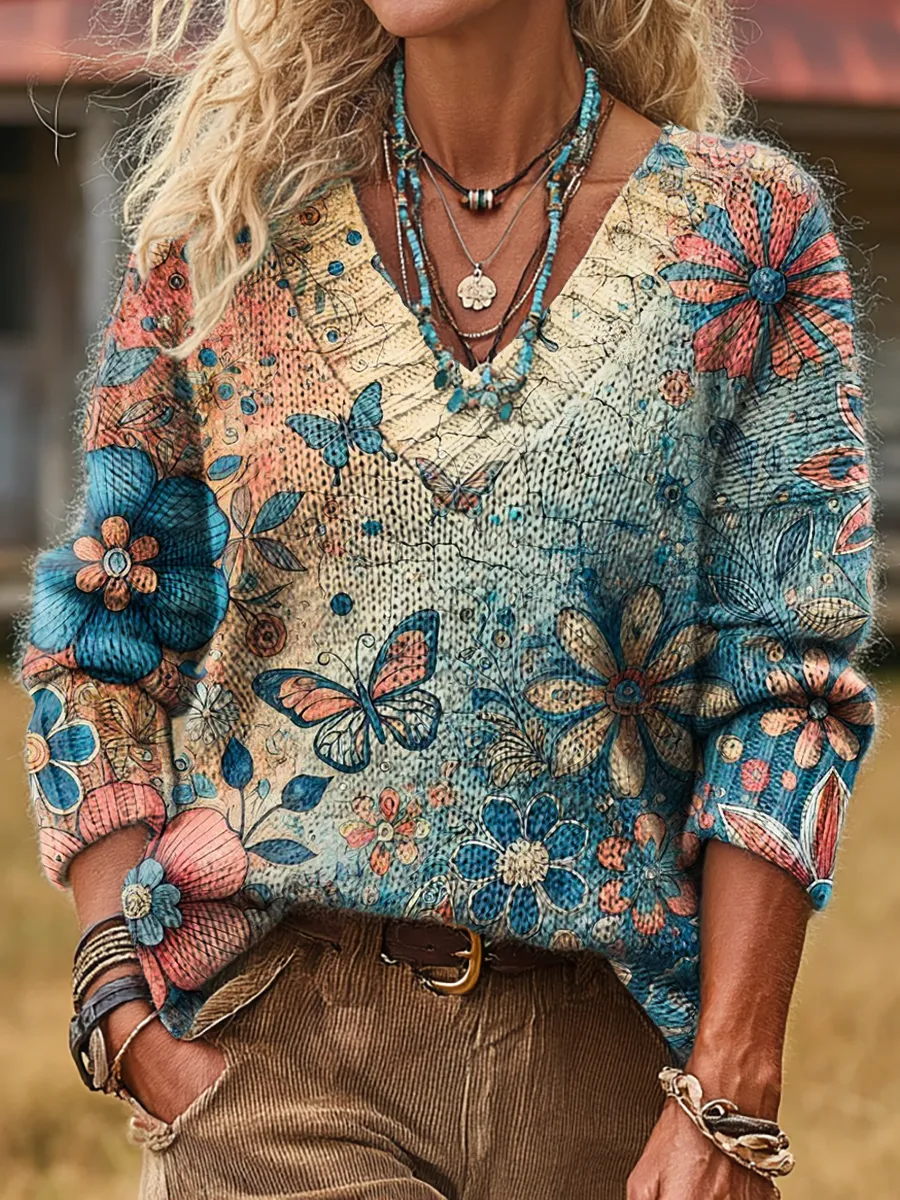 Unisex Colorful Color-blocked Floral And Butterfly Art Print Casual Lo