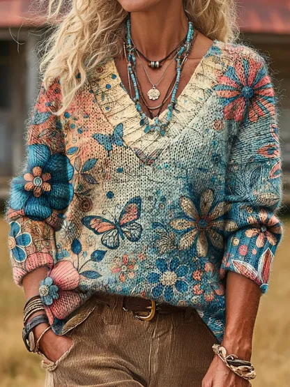 Unisex Colorful Color-blocked Floral And Butterfly Art Print Casual Long-sleeve V-neck Wool Blend Knit Sweater