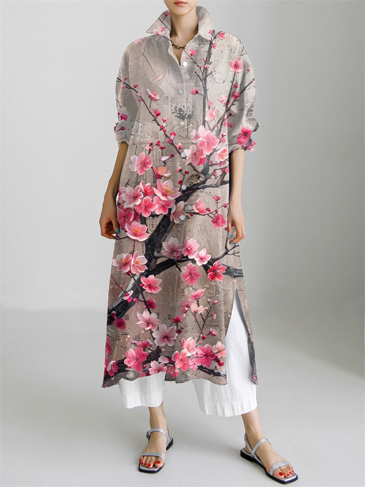 Cherry Blossom Festival Art Flower Long Sleeve Slit Shirt Dress