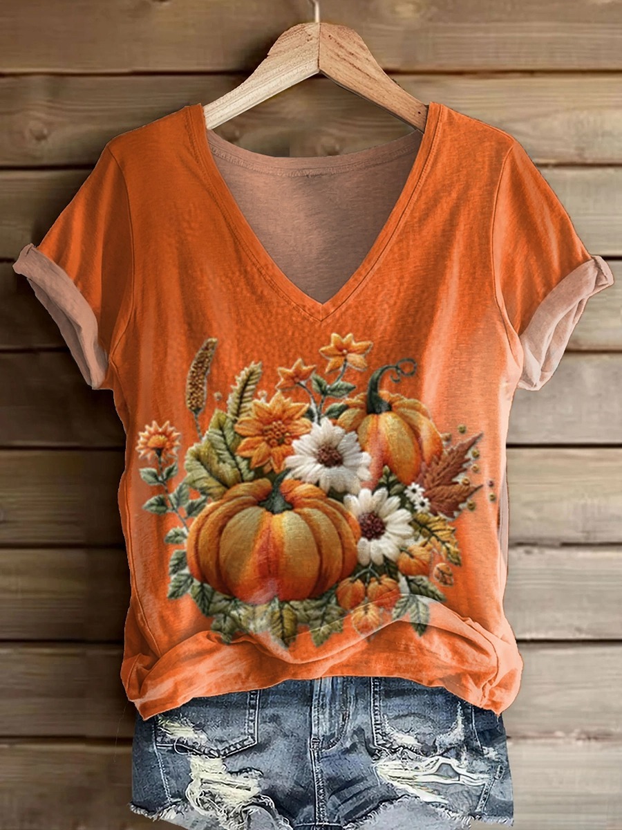 Women's Halloween Pumpkin Art Print V-neck Casual T-Shirt