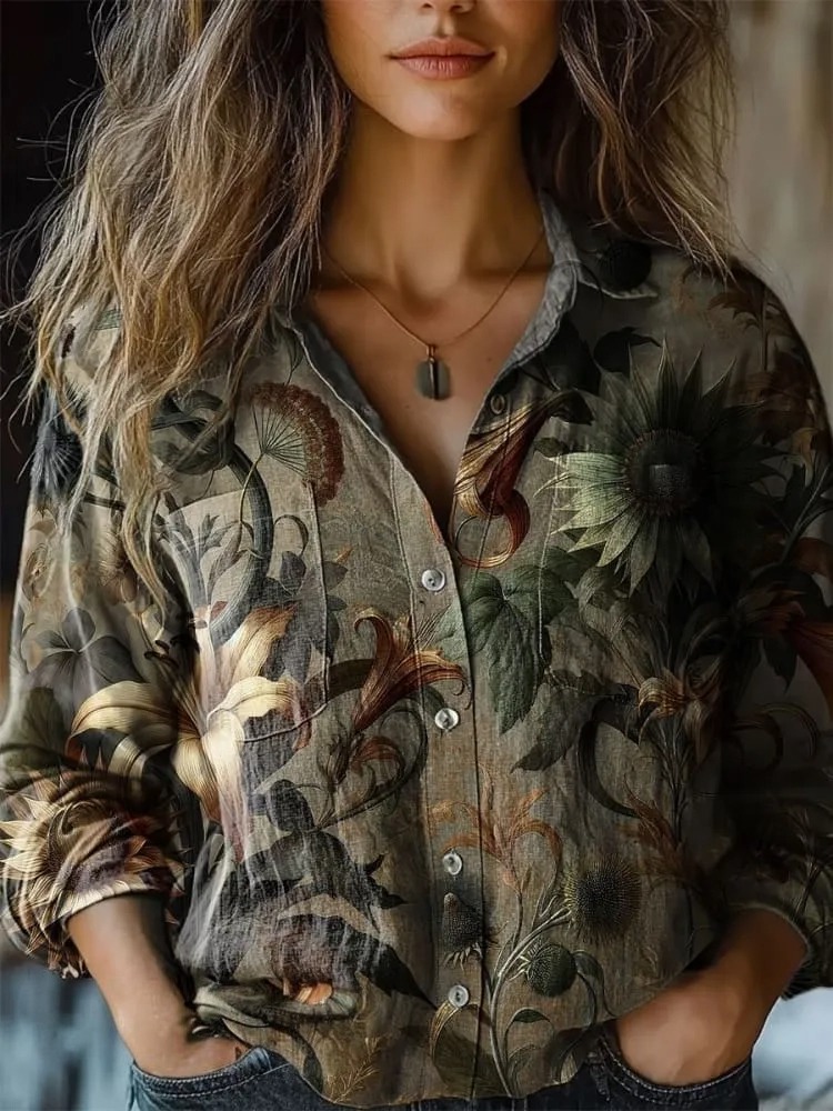 Women's Vintage Botanical Flower Art Print Casual Long Sleeve Comfortable Cotton Shirt