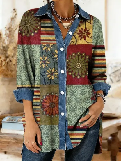Women's Floral Collage Art Print Denim Patchwork Casual Shirt