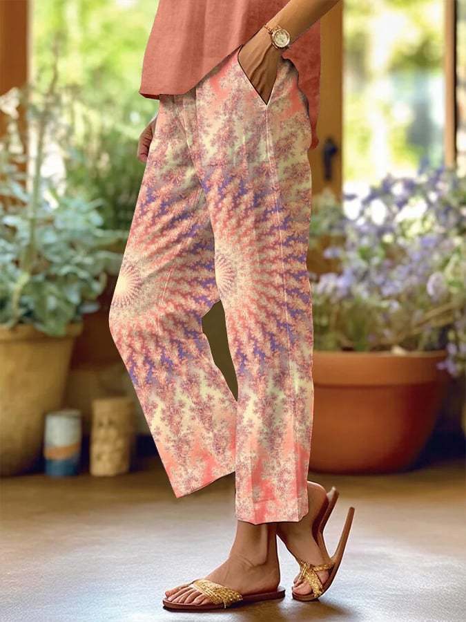 Women's Casual Retro Lotus Art Cotton and Linen Pants(With Pockets)