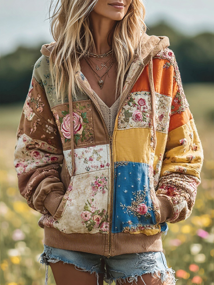 Women's Vintage Floral Patchwork Cozy Warm Zipper Hoodie