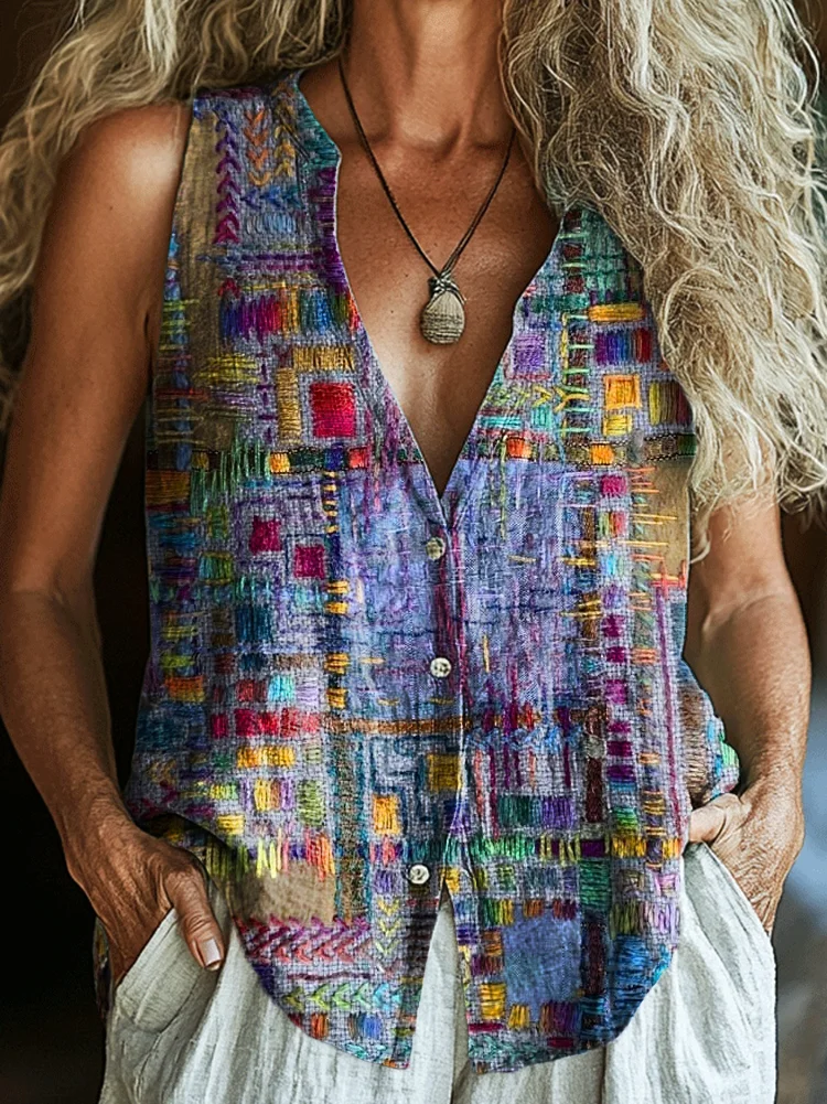 Women's Retro Ethnic Patchwork Art Pattern Print Casual V Neck Pullover Sweater