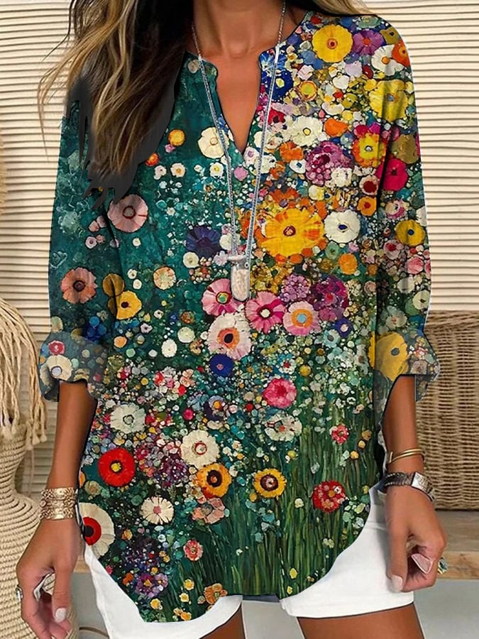 Women's Casual Green Forest Art Print Shirt