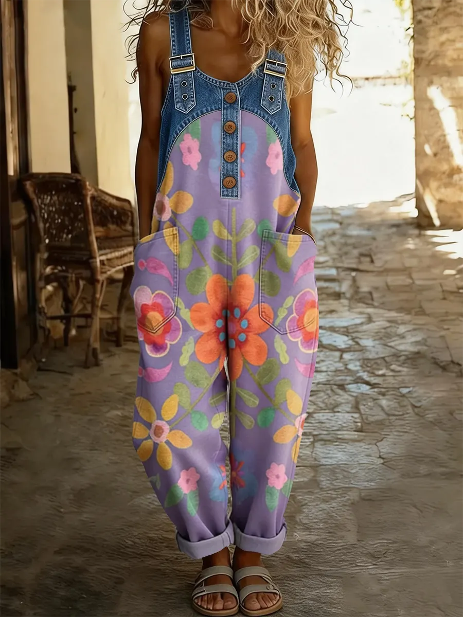 Women's Boho Floral Art Print Patchwork Denim Overalls