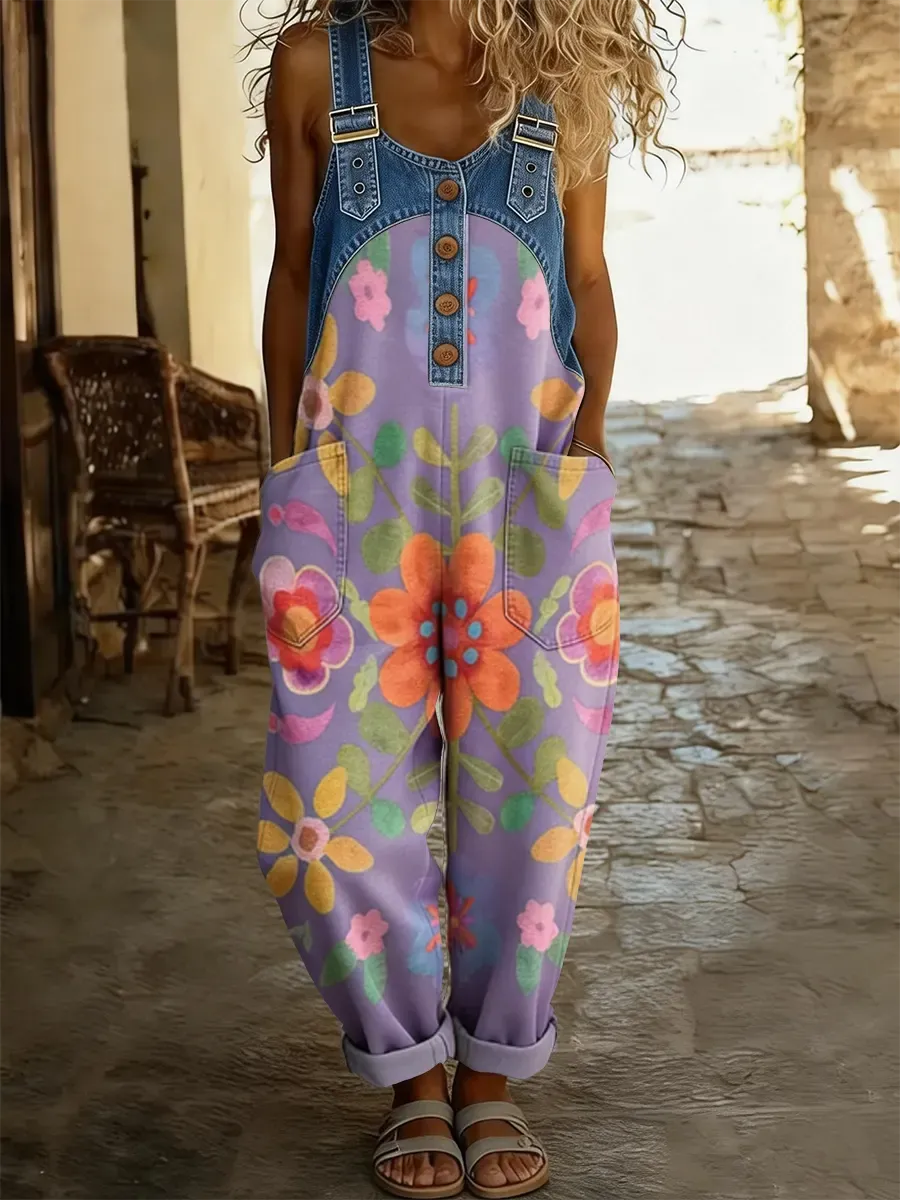 Women's Boho Floral Art Print Patchwork Denim Overalls